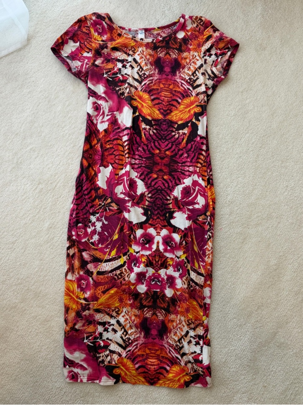 Anthropologie Gracie Floral & Abstract Midi Dress in Burgundy, Orange & White